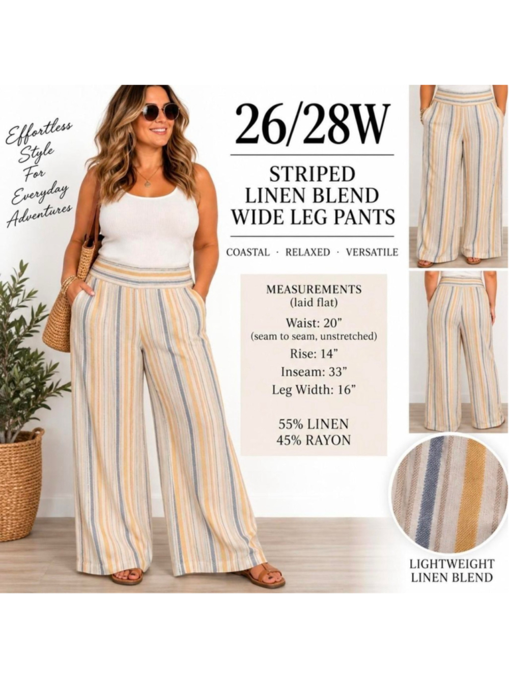 Cato Plus Size 26/28W Linen Blend Striped Wide Leg Pants with pockets